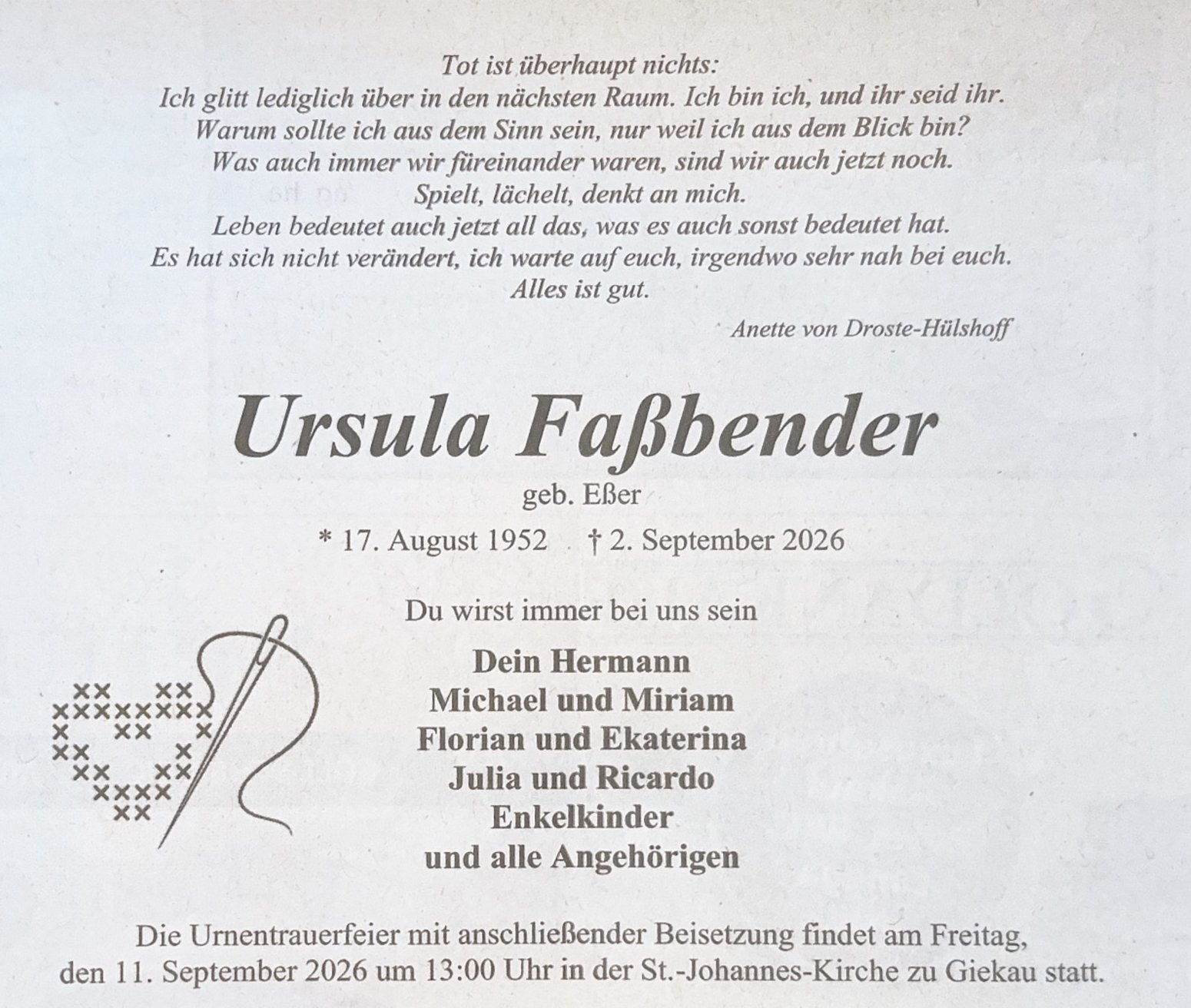 Traueranzeige "Uschi" Faßbender
